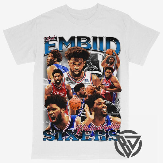 Joel Embiid graphic t-shirt basketball design Philadelphia 76ers Sixers Tee