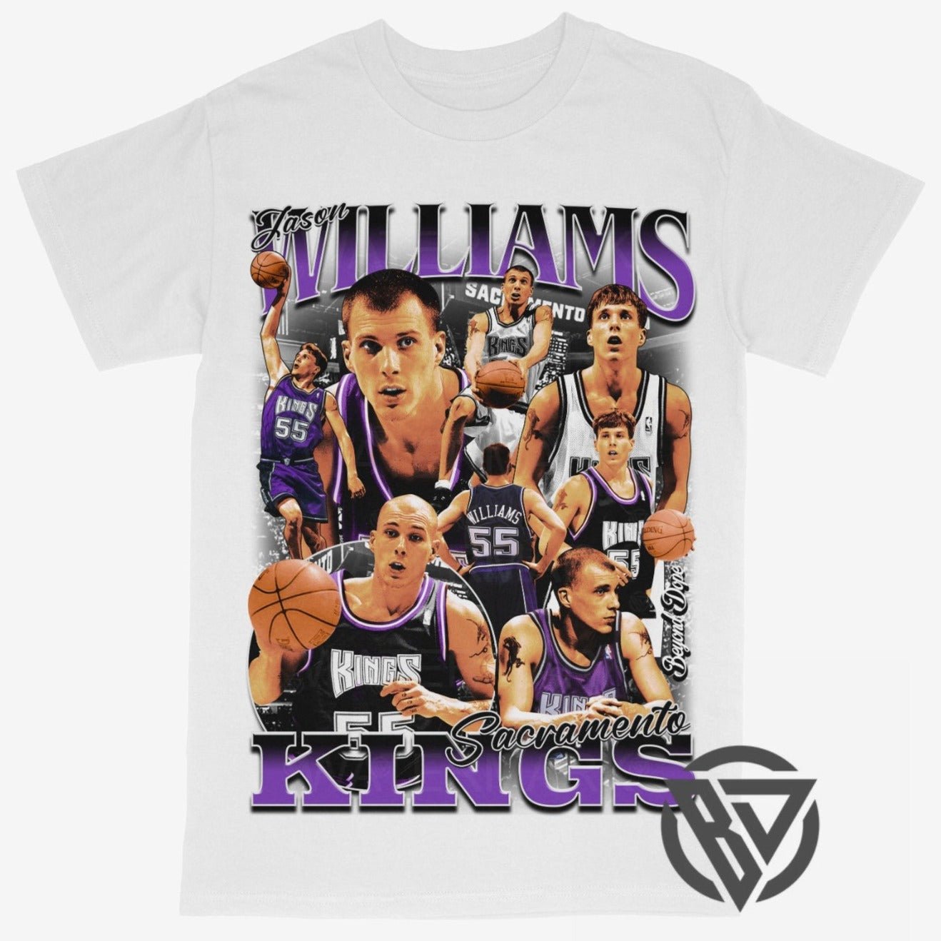 Jason Williams Kings throwback graphic shirt close up