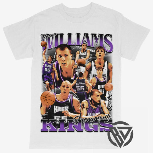 Jason Williams Kings throwback graphic shirt close up