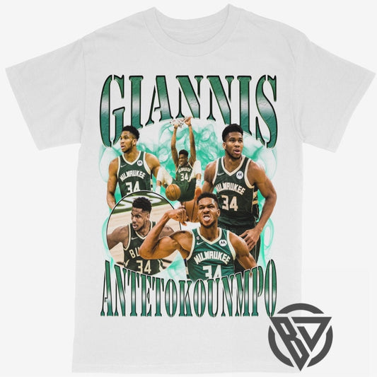 Giannis Antetokounmpo graphic t-shirt basketball design Milwaukee Bucks Greek Freak Tee