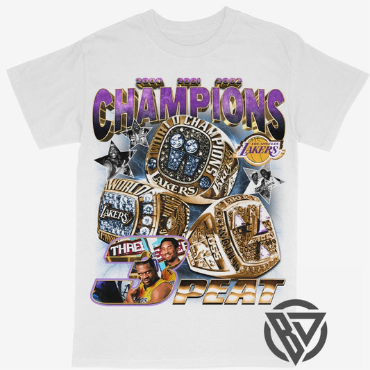 Lakers 3Peat Champion Rings Tee Shirt Kobe and Shaq Basketball Merch Graphic