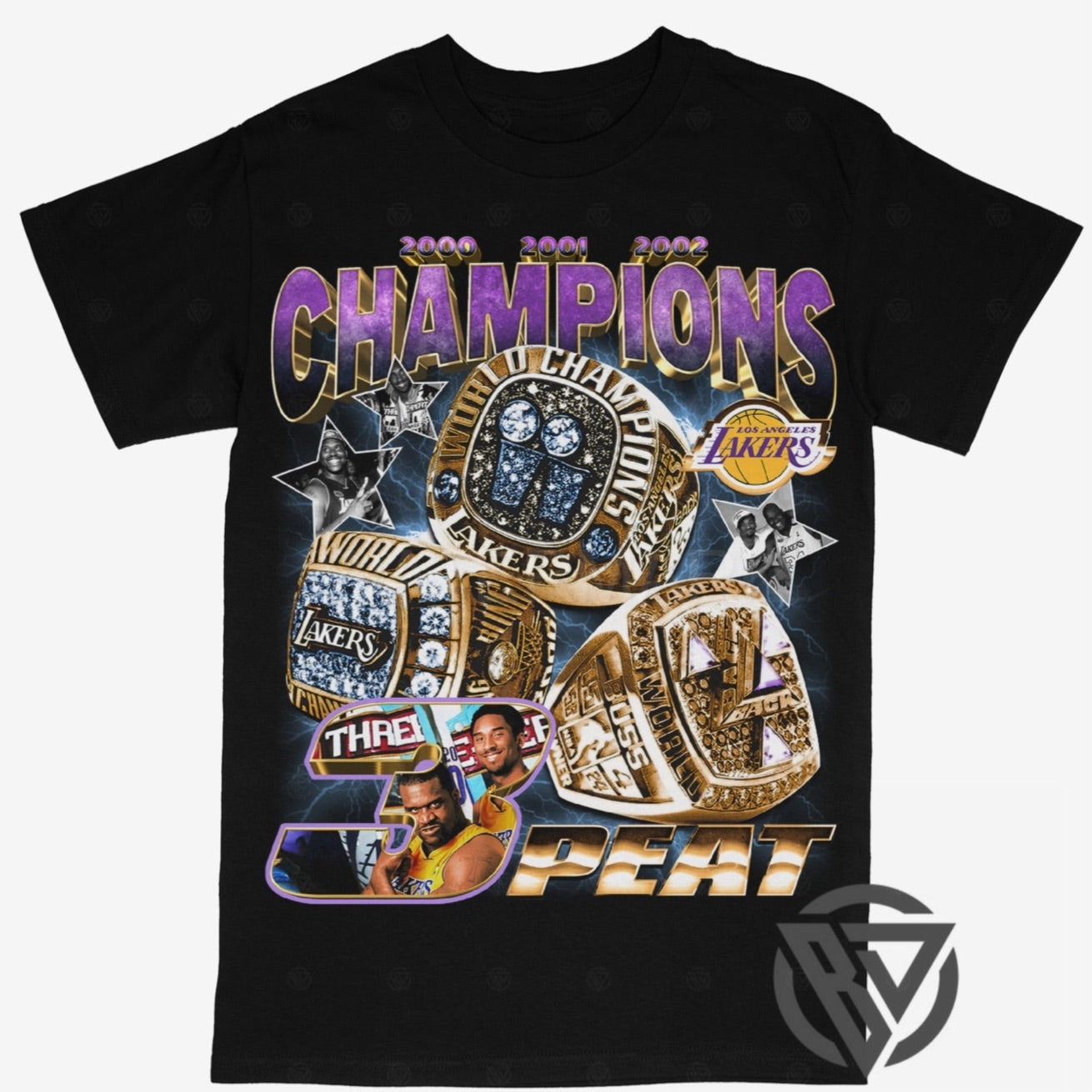 Lakers 3Peat Champion Rings Tee Shirt Kobe and Shaq Basketball Merch Graphic