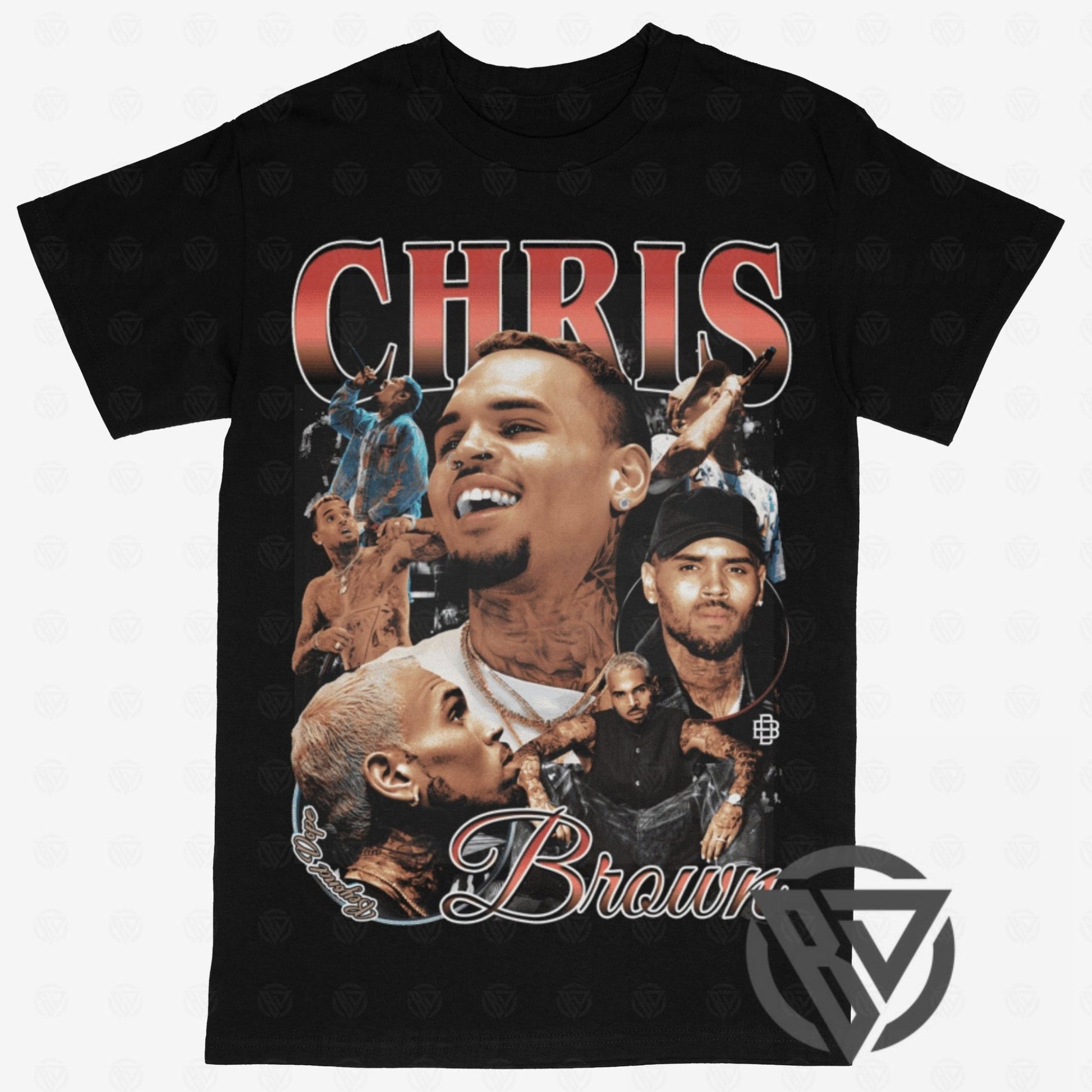 Black t-shirt with a graphic of Chris Brown and text on a white background