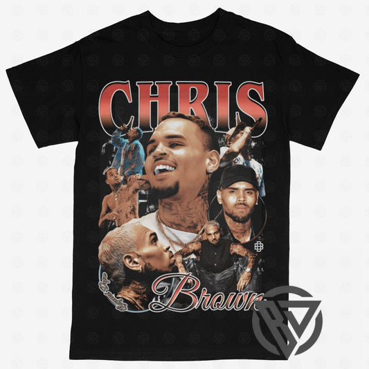 Black t-shirt with a graphic of Chris Brown and text on a white background