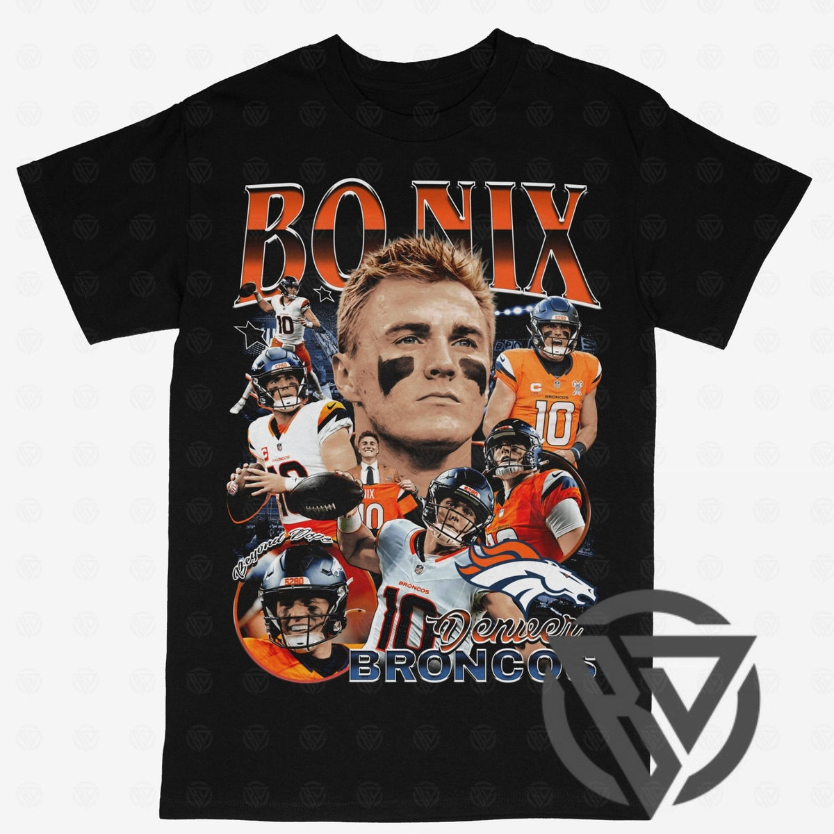 A black short-sleeve graphic t-shirt featuring a collage of Denver Broncos quarterback Bo Nix, with 'BO NIX' printed in orange at the top and 'Denver Broncos' at the bottom. 