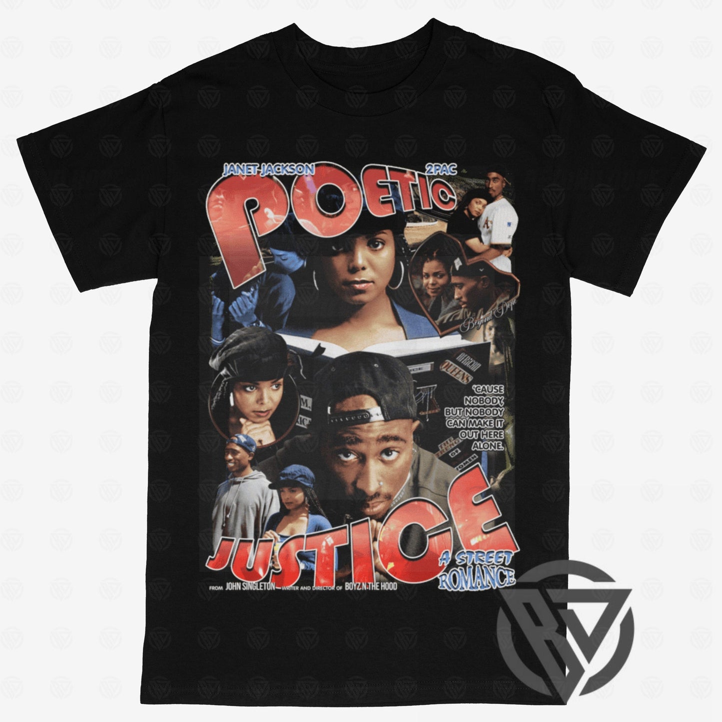 Poetic Justice graphic tee featuring classic 90s movie artwork on black shirt