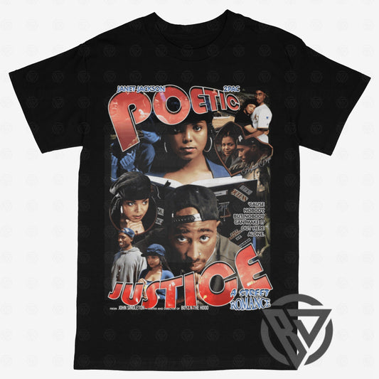 Poetic Justice graphic tee featuring classic 90s movie artwork on black shirt