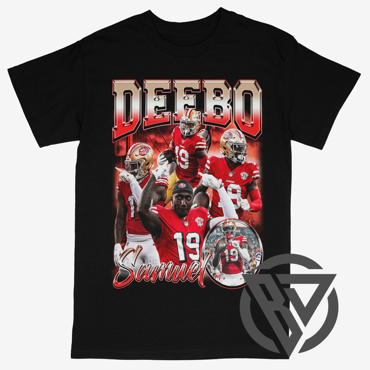 A black short-sleeve graphic t-shirt featuring a collage of football player Deebo Samuel in red and gold uniforms, with 'DEEBO' printed in large metallic-style letters at the top and 'Samuel' at the bottom. 
