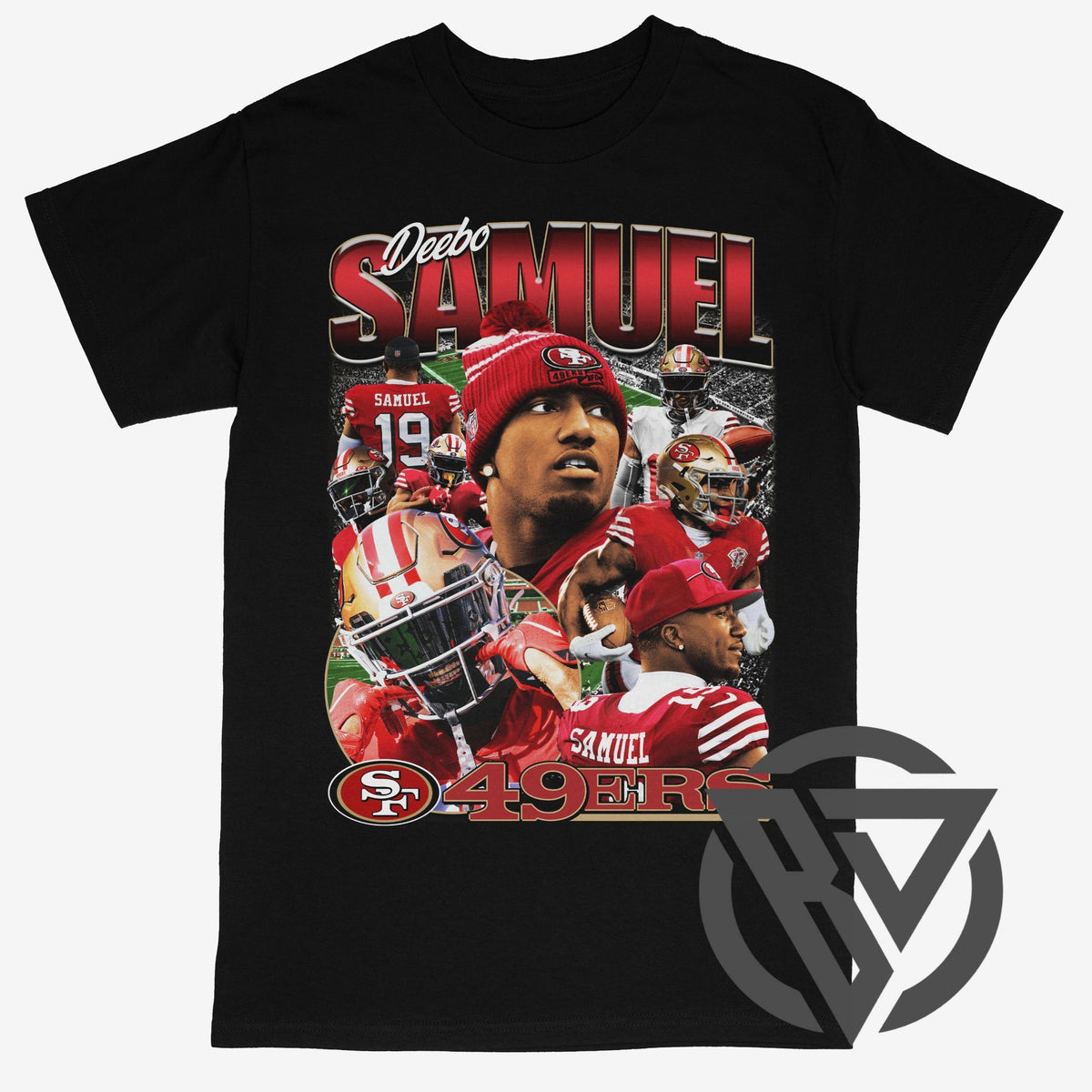 A black short-sleeve graphic t-shirt featuring a collage of football player Deebo Samuel in San Francisco 49ers uniforms, with 'Deebo SAMUEL' and '49ERS' text on the front.