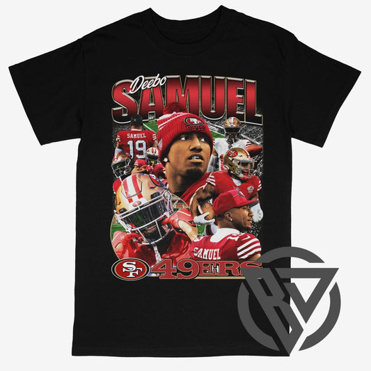 A black short-sleeve graphic t-shirt featuring a collage of football player Deebo Samuel in San Francisco 49ers uniforms, with 'Deebo SAMUEL' and '49ERS' text on the front.