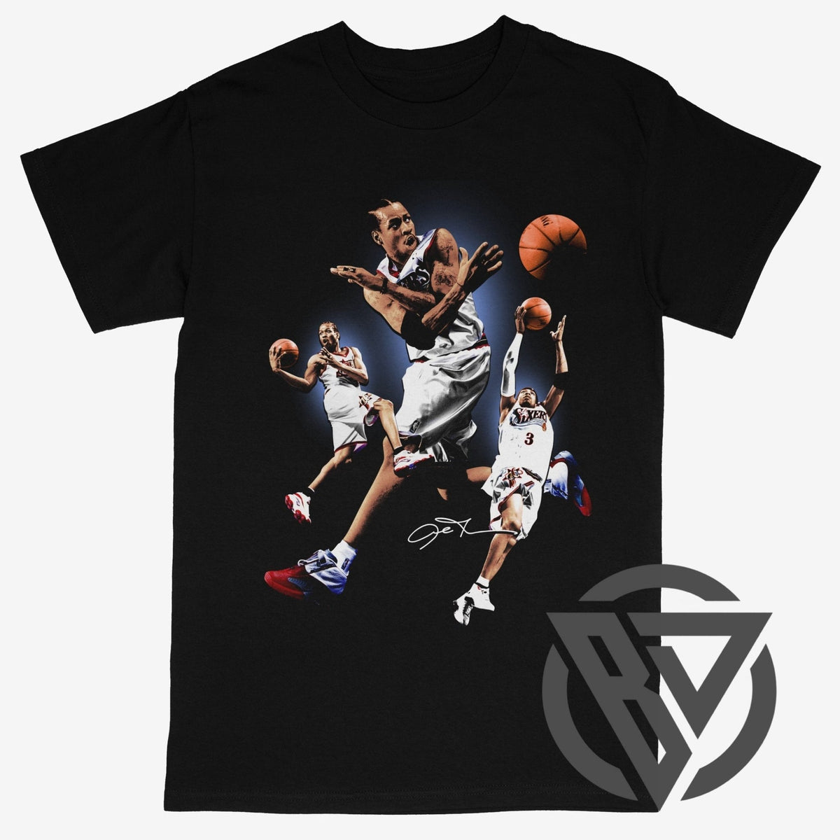 A black short-sleeve crewneck t-shirt featuring a dynamic basketball collage graphic of multiple players in action.