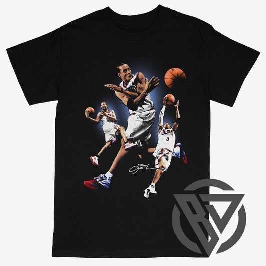 A black short-sleeve crewneck t-shirt featuring a dynamic basketball collage graphic of multiple players in action.