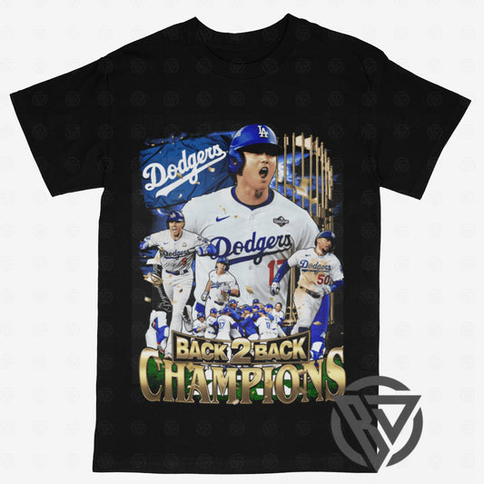 White t-shirt with Los Angeles Dodgers graphic and 'Back 2 Back Champions' text on a black tee