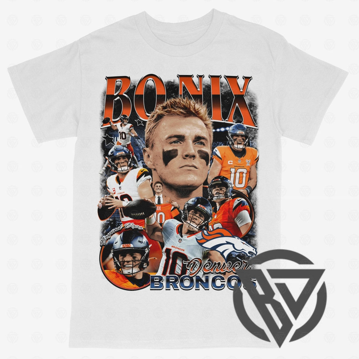 A white short-sleeve graphic t-shirt featuring a collage of Denver Broncos quarterback Denver Broncos 'Bo Nix' with the text 'BO NIX' and 'Denver Broncos' on the front. 