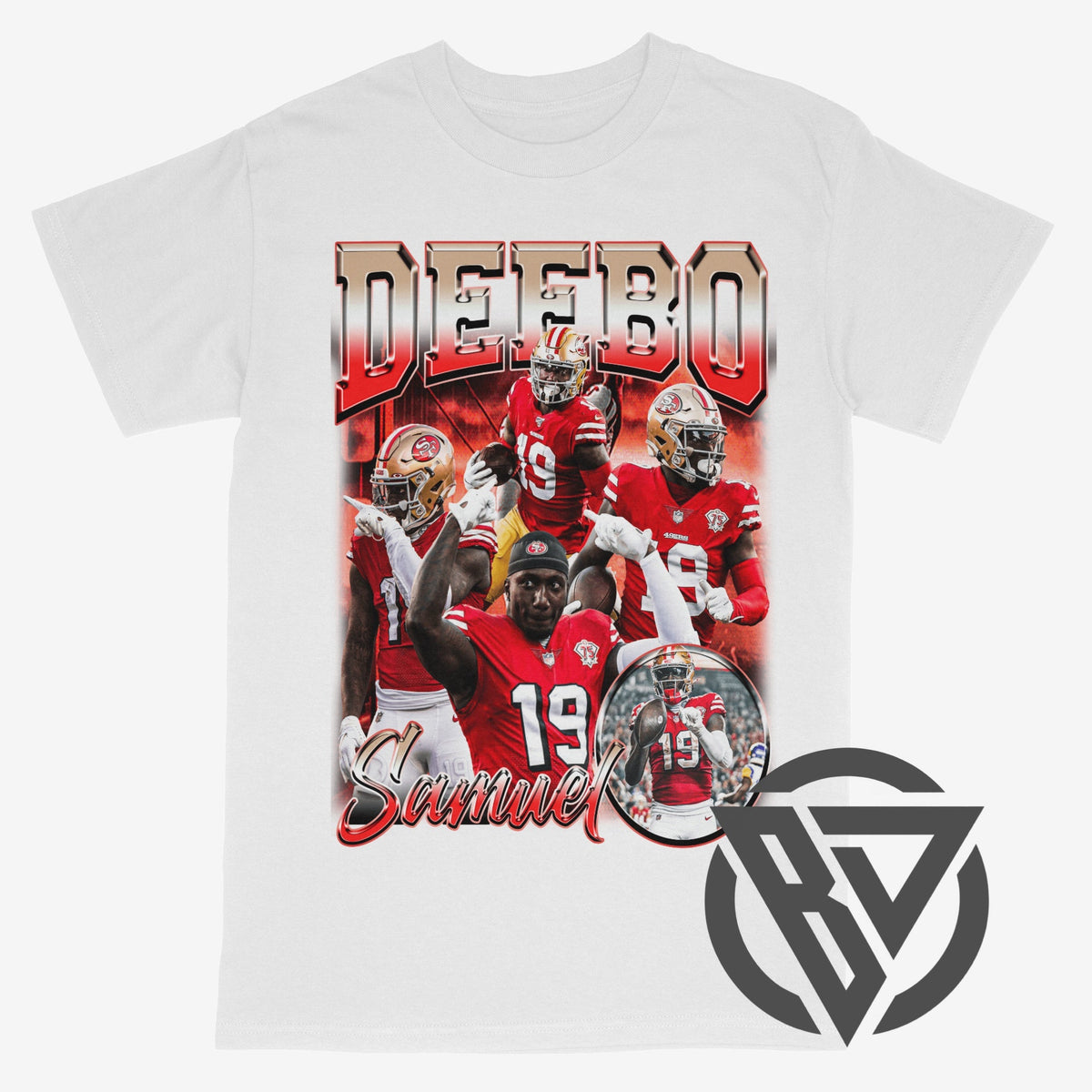 A white short-sleeve graphic t-shirt featuring a large front print with football players in red uniforms and the text 'DEEBO' and 'Samuel'. 