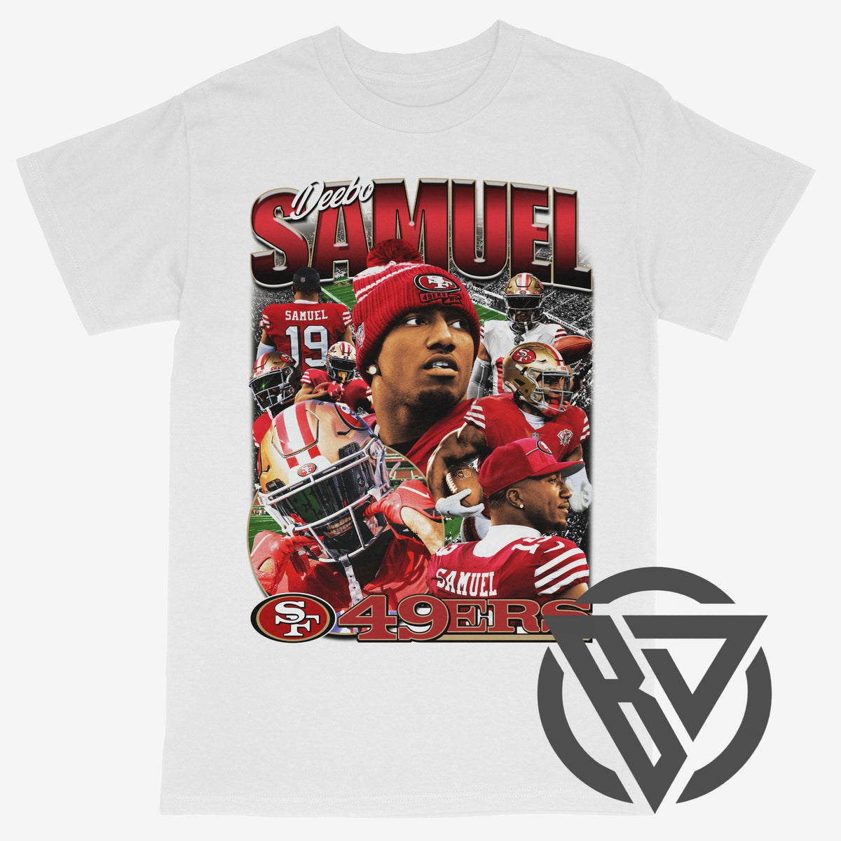 A white short-sleeve crewneck t-shirt featuring a large graphic print of football player Deebo Samuel in San Francisco 49ers red and gold uniforms, with 'Samuel' and '49ERS' text.