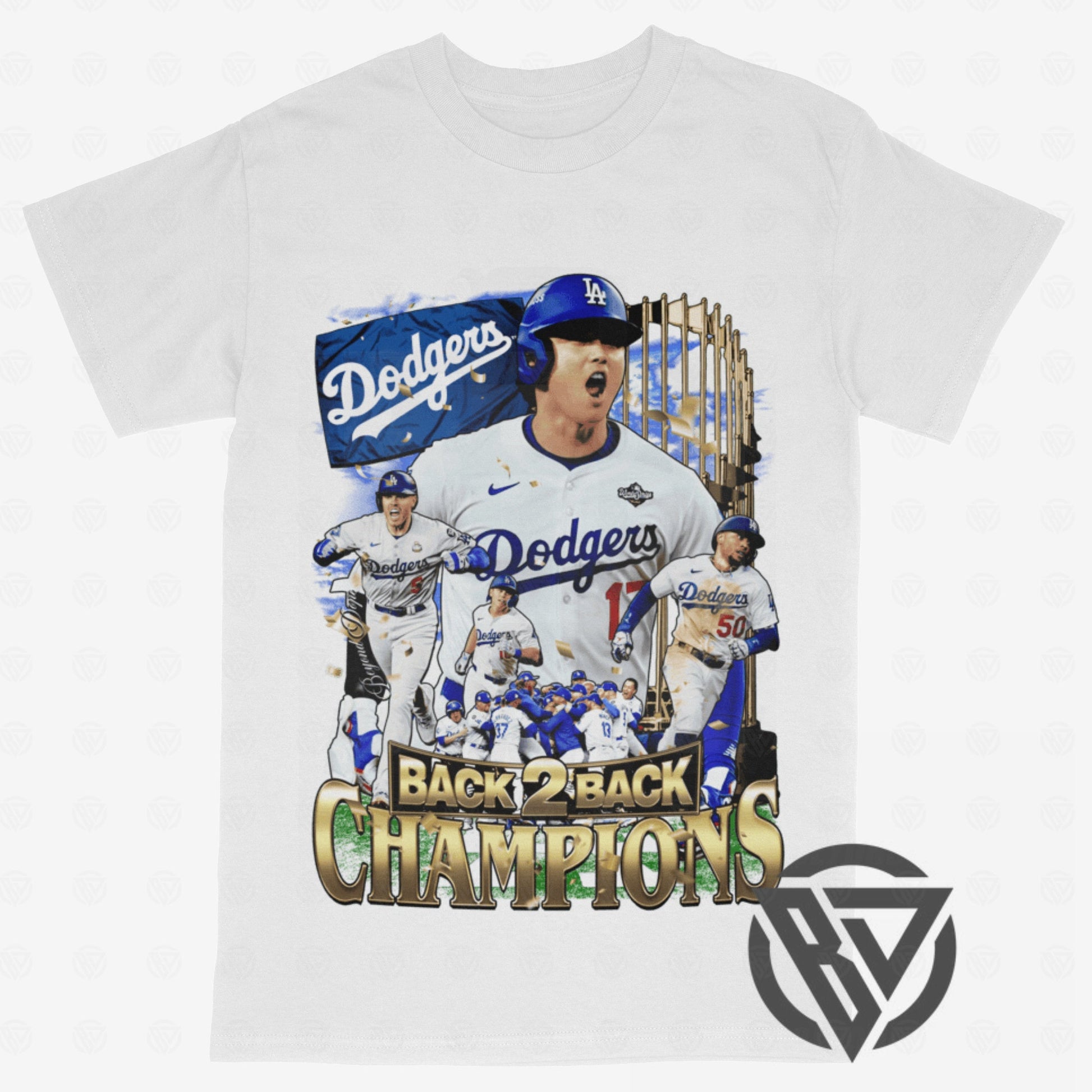 White t-shirt with Los Angeles Dodgers graphic and 'Back 2 Back Champions' text on a white tee